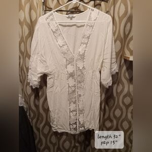 Blue Island White Kimono with Lace Detail Beach Coverup